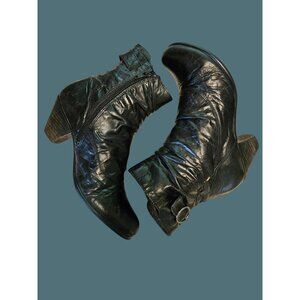 Fidji Black Leather Slouchy Buckle Western Moto Block Heel Ankle Boots Women 7.5